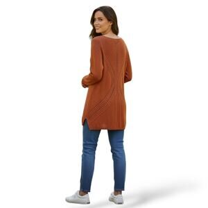 Mary McFadden Open Knit Tunic V-Neck Sweater Size S Burned Orange Rust